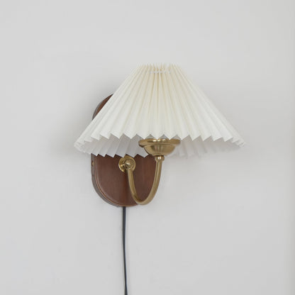 Plug-In Sconce Light with Pleated Shade and Walnut Accents 12 Inch Square for Bedside Reading Nooks Hallways