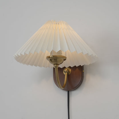 Plug-In Sconce Light with Pleated Shade and Walnut Accents 12 Inch Square for Bedside Reading Nooks Hallways