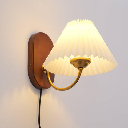 Plug-In Sconce Light with Pleated Shade and Walnut Accents 12 Inch Square for Bedside Reading Nooks Hallways