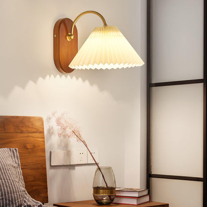Plug-In Sconce Light with Pleated Shade and Walnut Accents 12 Inch Square for Bedside Reading Nooks Hallways