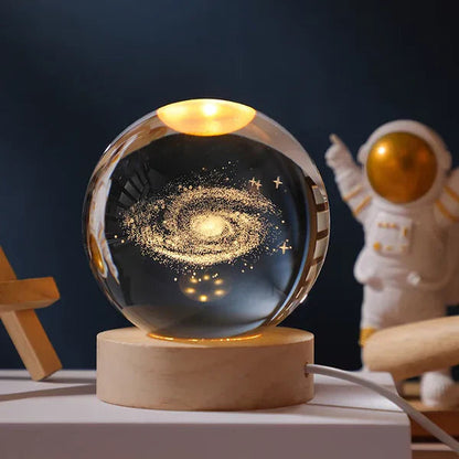 LED Glass Sphere Desk Lamp with 3D Laser-Etched Design on Wood Base | Night Light for Bedside, Living Room & Kids' Bedroom Décor | USB