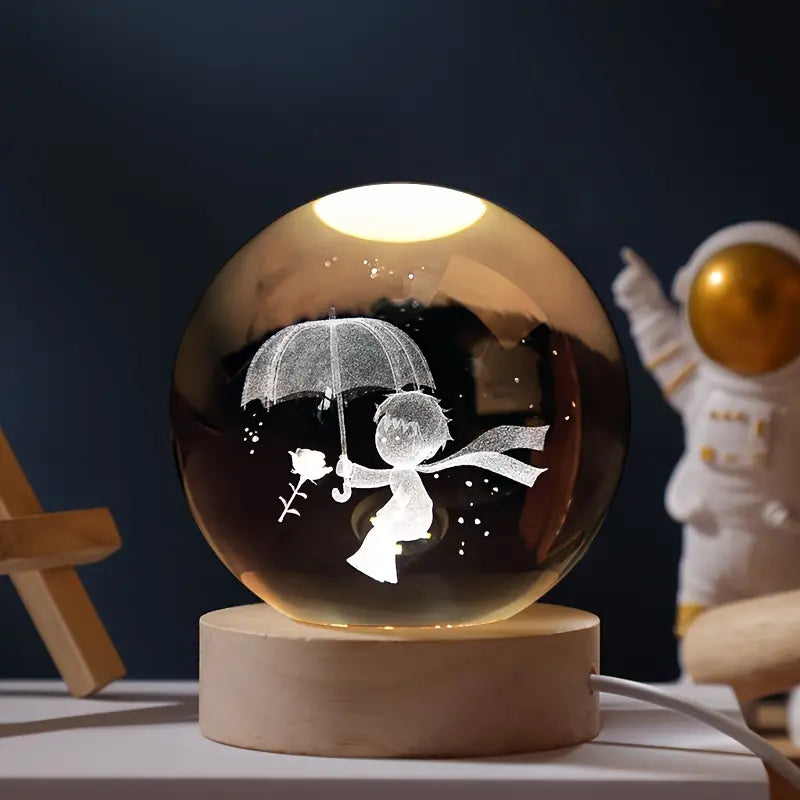 LED Glass Sphere Desk Lamp with 3D Laser-Etched Design on Wood Base | Night Light for Bedside, Living Room & Kids' Bedroom Décor | USB