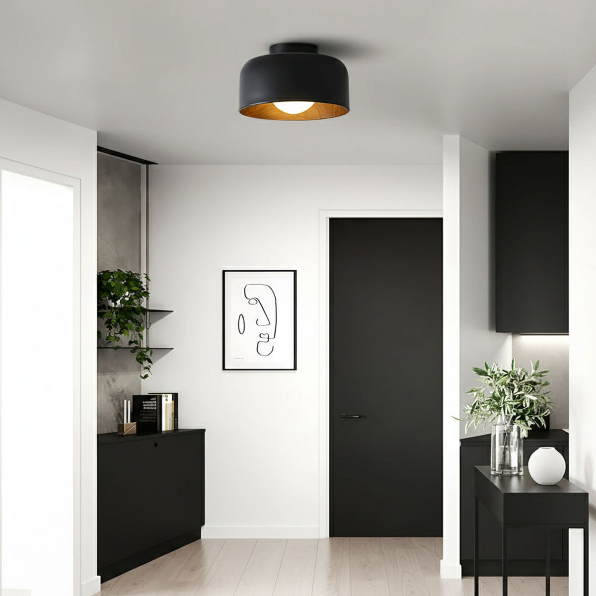 Flush Mount Ceiling Light Fixture for Bedroom Hallway Small Rooms 9 in Round LED Glass Shade with Wood Grain Interior Modern Accent for Livi