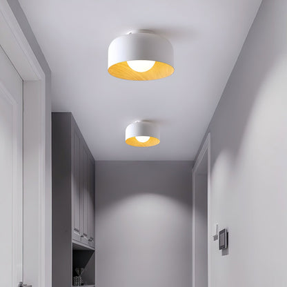 Flush Mount Ceiling Light Fixture for Bedroom Hallway Small Rooms 9 in Round LED Glass Shade with Wood Grain Interior Modern Accent for Livi