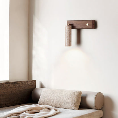 Cylindrical Travertine Wall Sconce with Integrated LED – Natural Stone & Walnut Accent Lighting for Modern Interiors