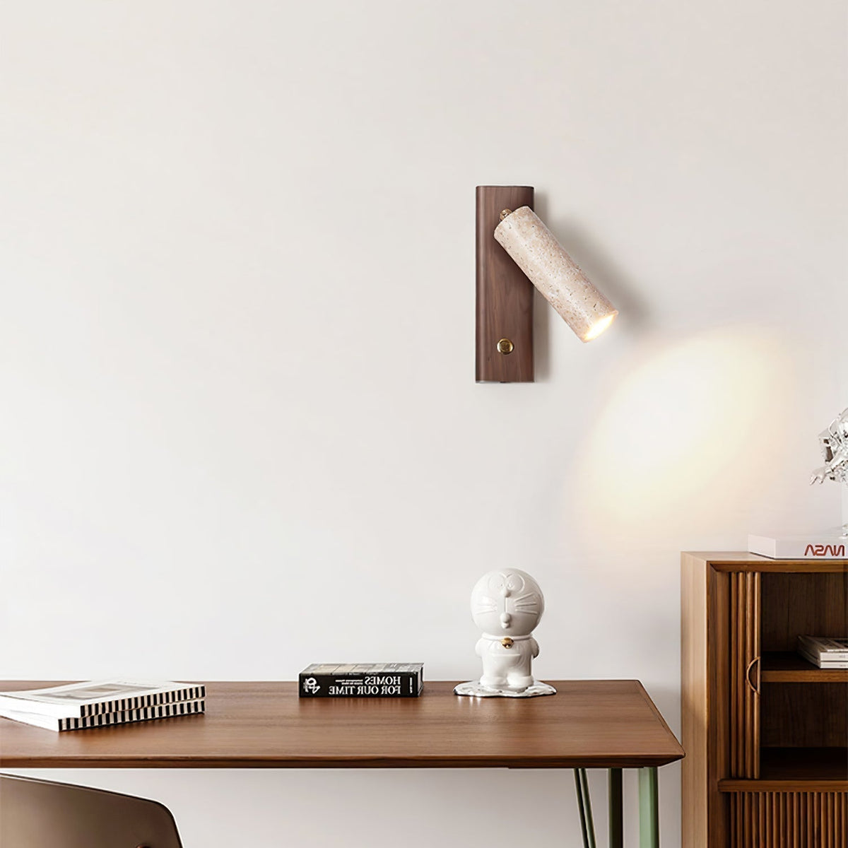 Cylindrical Travertine Wall Sconce with Integrated LED – Natural Stone & Walnut Accent Lighting for Modern Interiors