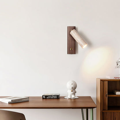 Cylindrical Travertine Wall Sconce with Integrated LED – Natural Stone & Walnut Accent Lighting for Modern Interiors