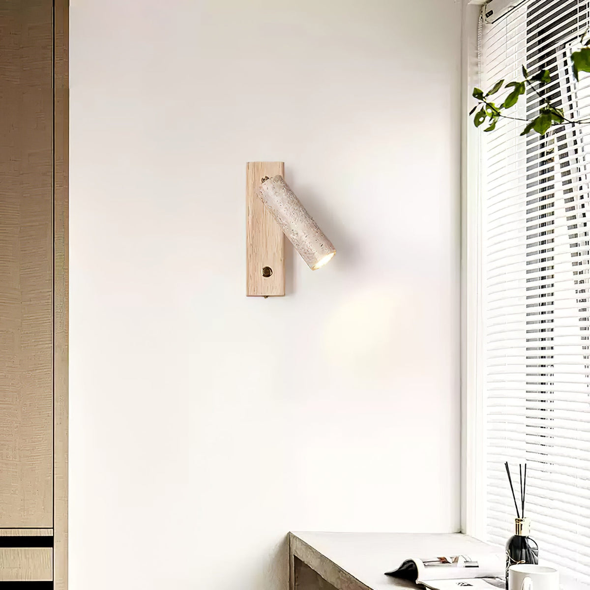 Cylindrical Travertine Wall Sconce with Integrated LED – Natural Stone & Walnut Accent Lighting for Modern Interiors