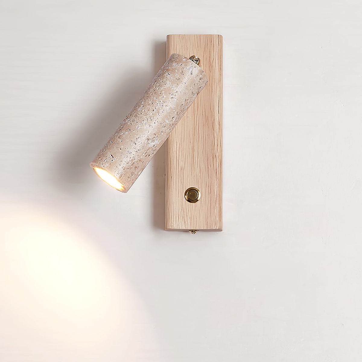 Cylindrical Travertine Wall Sconce with Integrated LED – Natural Stone & Walnut Accent Lighting for Modern Interiors