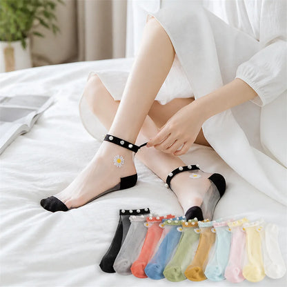 Ankle Socks Pearl-Embellished Ultra-Thin Set of 10