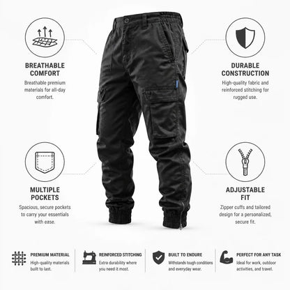 Pantalones cargo, bolsillos múltiples, puños con cremallera