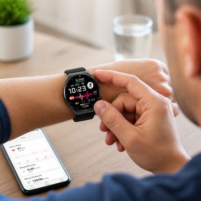 Reloj inteligente de salud con ECG, detección de fibrilación auricular, glucosa en sangre y batería de 15 días