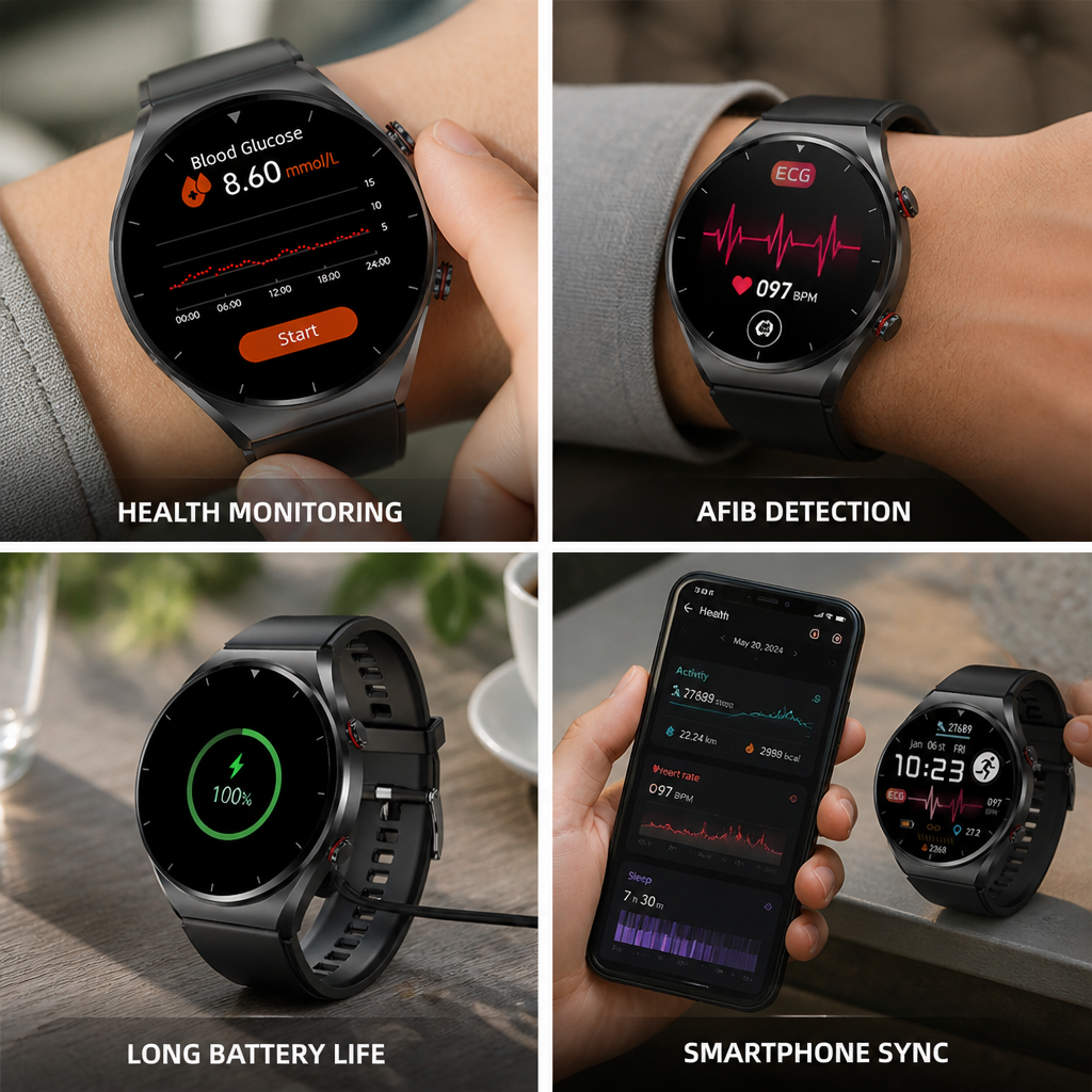 Reloj inteligente de salud con ECG, detección de fibrilación auricular, glucosa en sangre y batería de 15 días