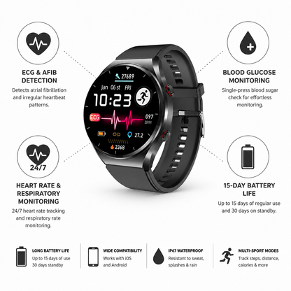Reloj inteligente de salud con ECG, detección de fibrilación auricular, glucosa en sangre y batería de 15 días