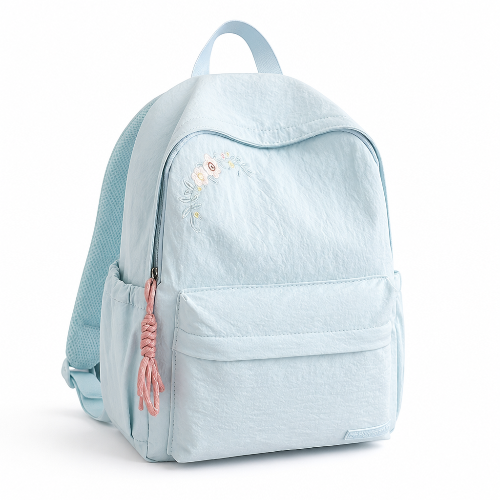 Mochila escolar con bordado floral y múltiples bolsillos