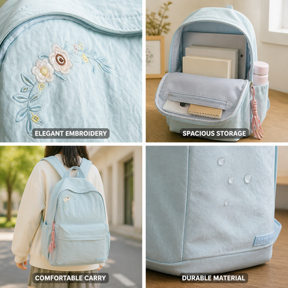 Mochila escolar con bordado floral y múltiples bolsillos