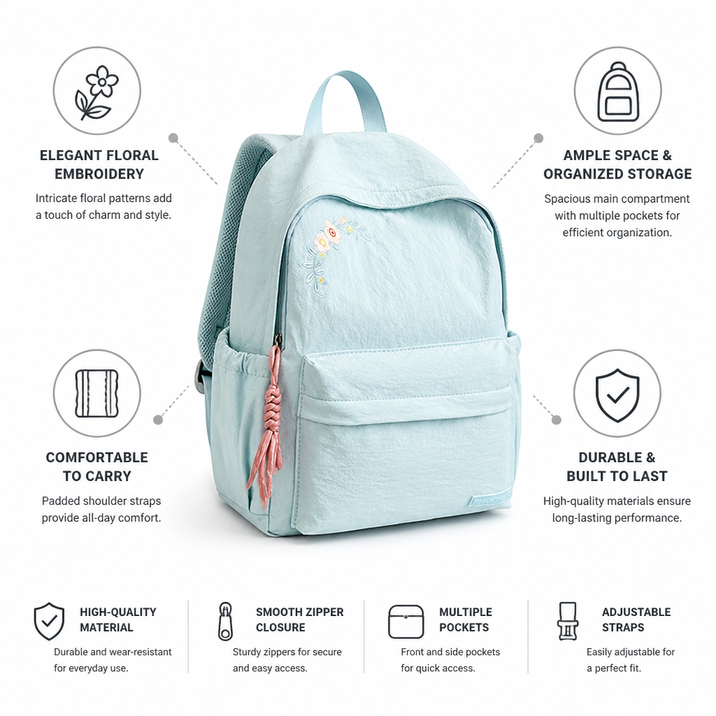 Mochila escolar con bordado floral y múltiples bolsillos