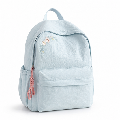 Mochila escolar con bordado floral y múltiples bolsillos