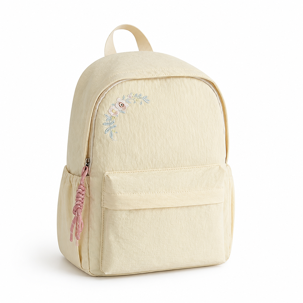 Mochila escolar con bordado floral y múltiples bolsillos