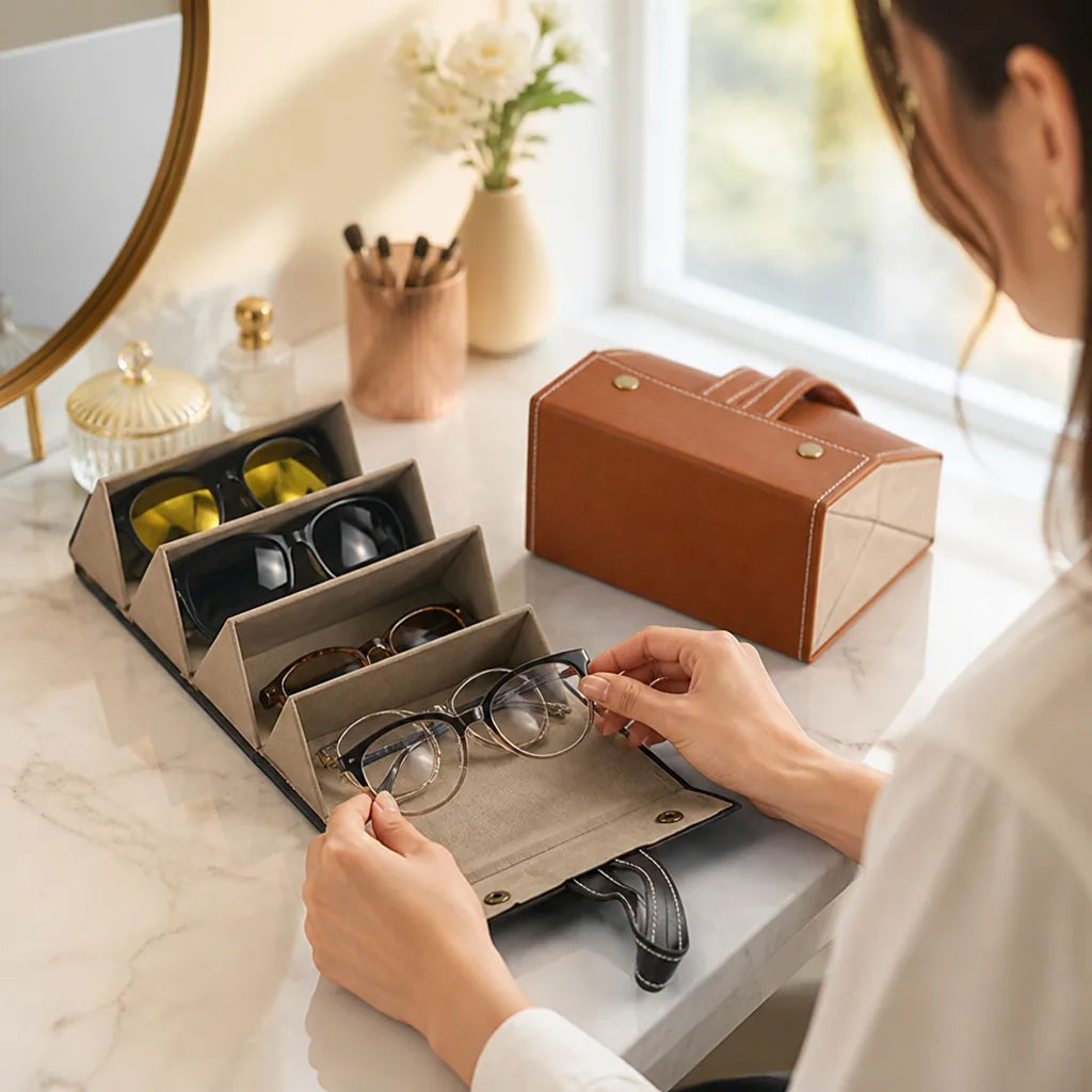 Organizador de gafas plegable de piel sintética con seis ranuras