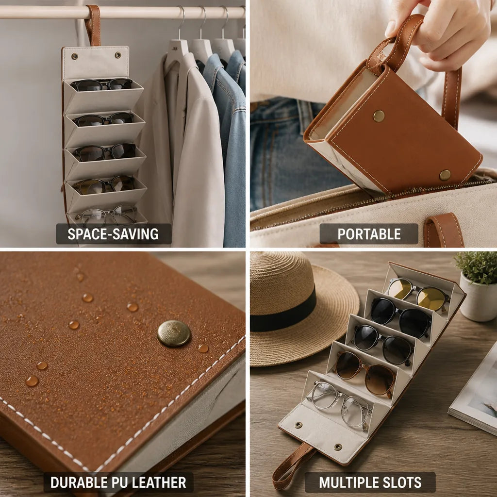 Organizador de gafas plegable de piel sintética con seis ranuras