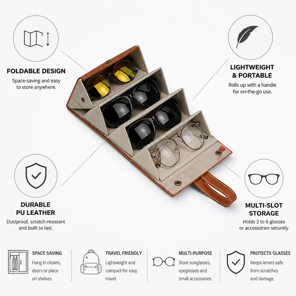 Organizador de gafas plegable de piel sintética con seis ranuras