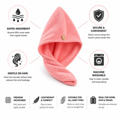 Hair Drying Towel Super-Absorbent Microfiber Button Closure