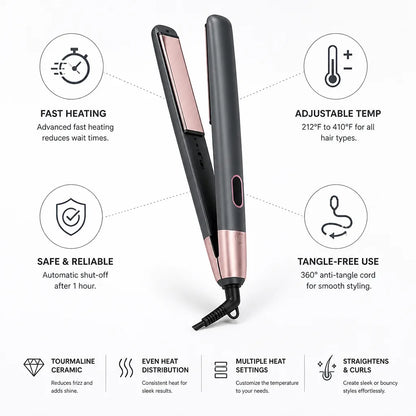 Hair Straightener & Curler Tourmaline Ceramic Adjustable Temp