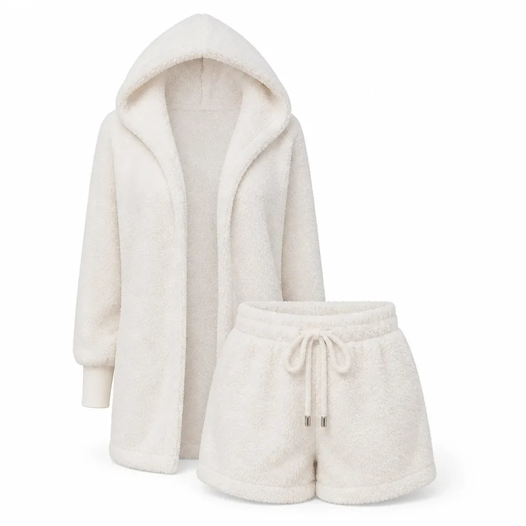 Loungewear Set Hooded Top & Shorts Soft Polyester Elastic Waistband