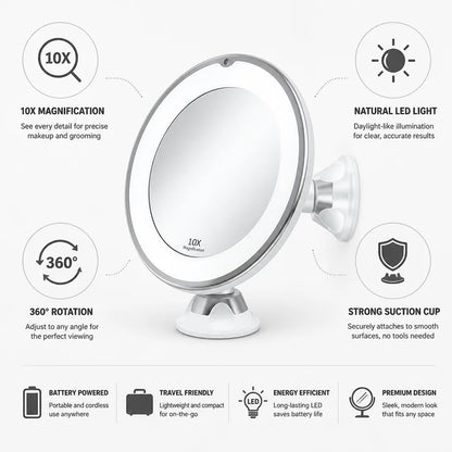Makeup Mirror 10x Magnification LED Light Suction Cup