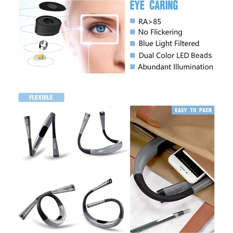 Lámpara de lectura de cuello LED, 3 modos de color, recargable por USB-C