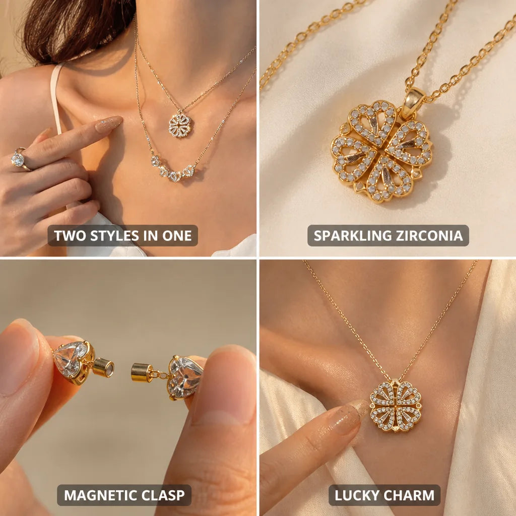 Collar magnético convertible de trébol a corazón, acero inoxidable chapado en oro y circonita