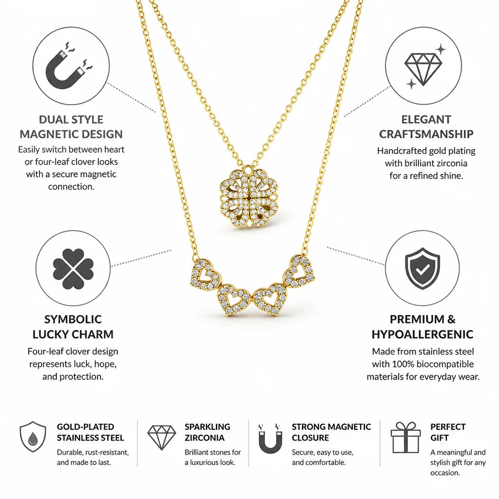 Collar magnético convertible de trébol a corazón, acero inoxidable chapado en oro y circonita