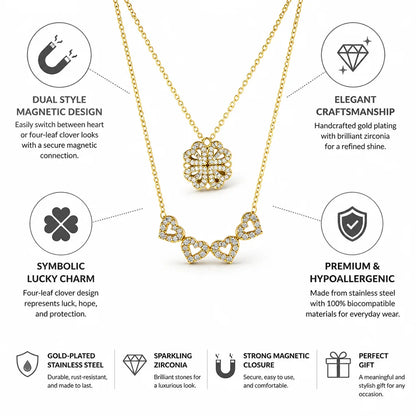 Collar magnético convertible de trébol a corazón, acero inoxidable chapado en oro y circonita