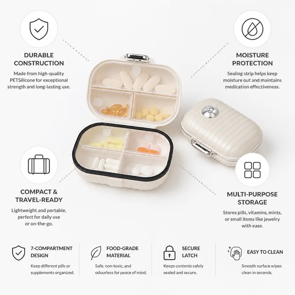 Organizador de pastillas de 7 compartimentos con sello resistente a la humedad, juego de 2