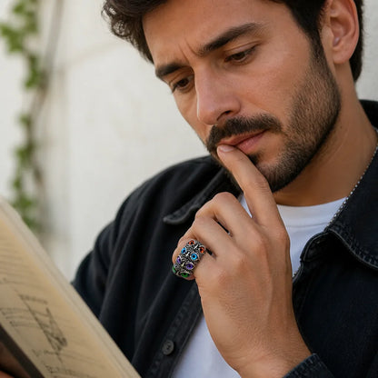 Anillo ajustable de búho con ojos de piedra preciosa