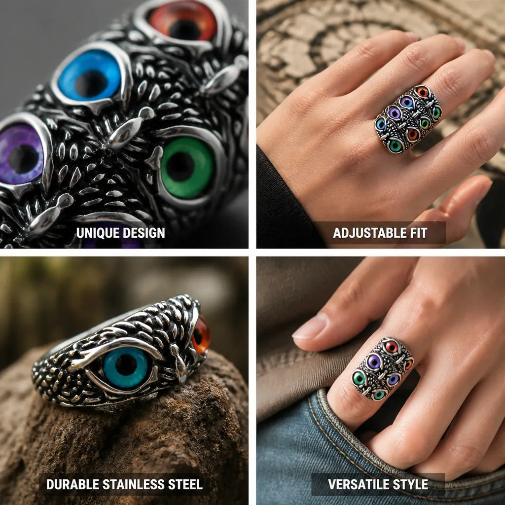 Anillo ajustable de búho con ojos de piedra preciosa