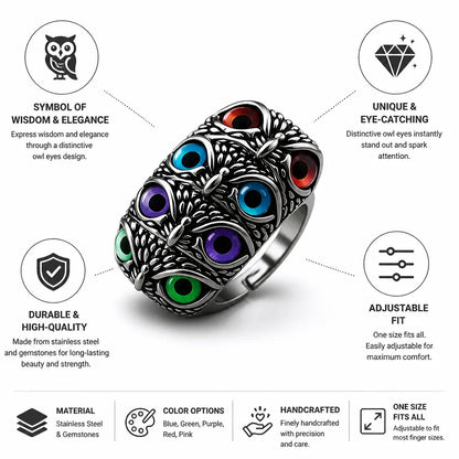 Anillo ajustable de búho con ojos de piedra preciosa