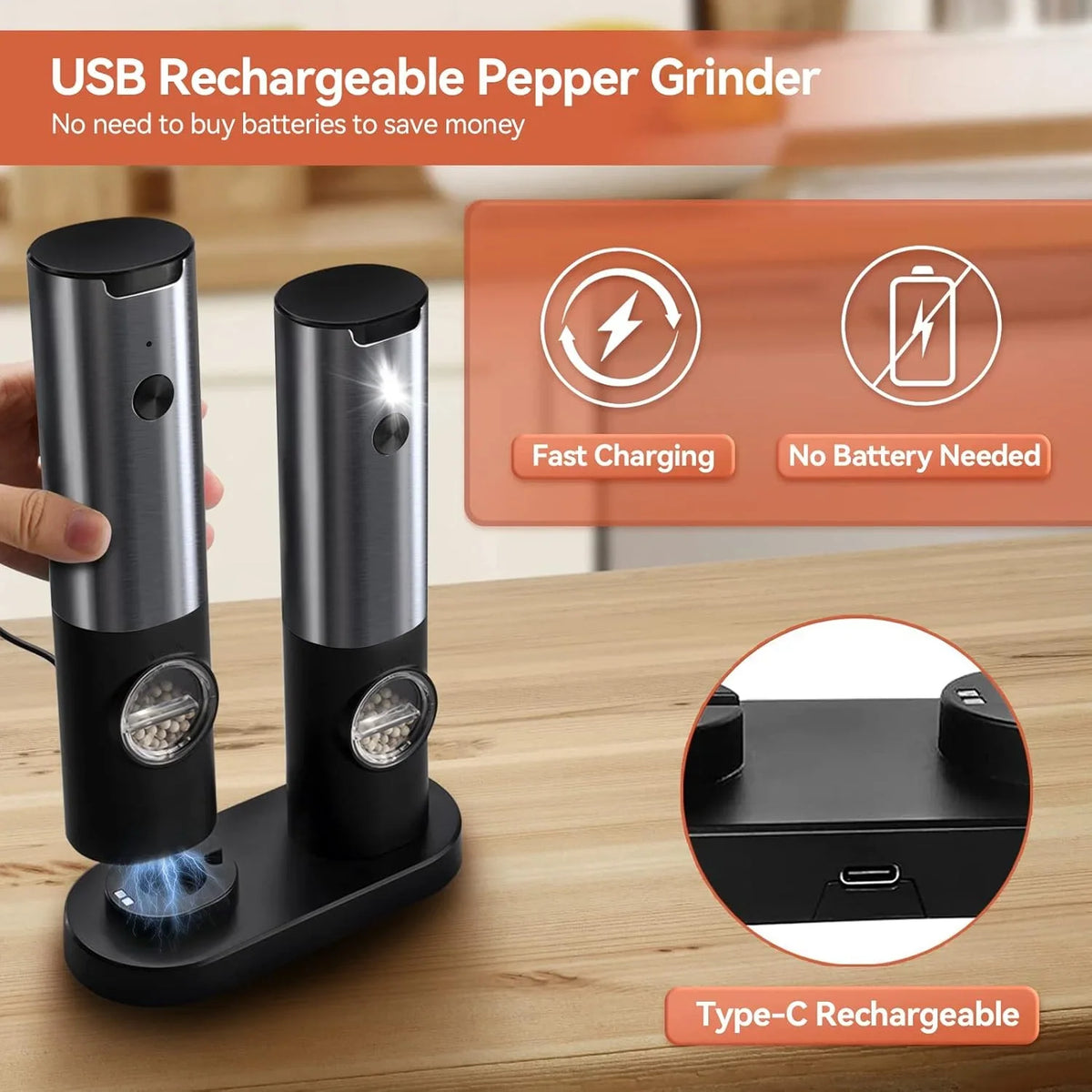 Salt And Pepper Mill Set Rechargeable Adjustable Grind
