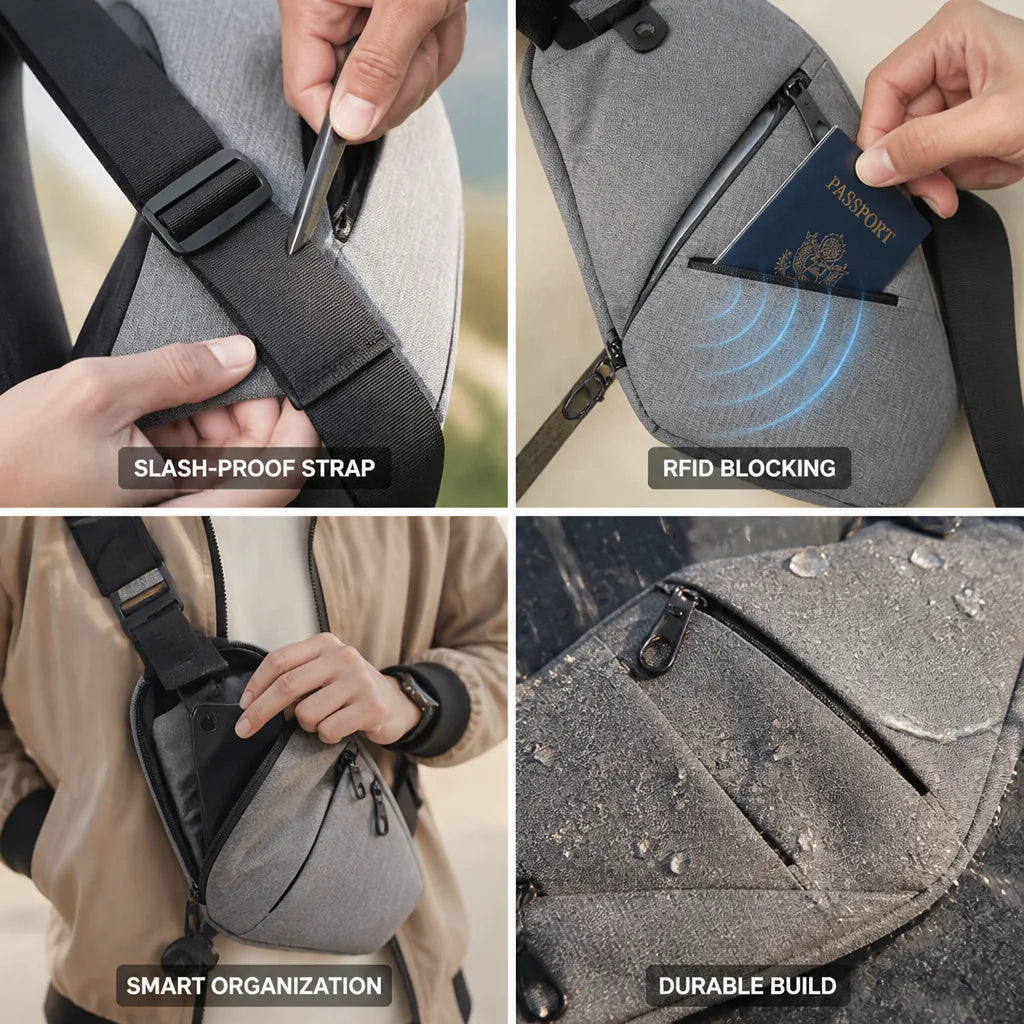 Bolso bandolera con correa antirrobo y bloqueo RFID