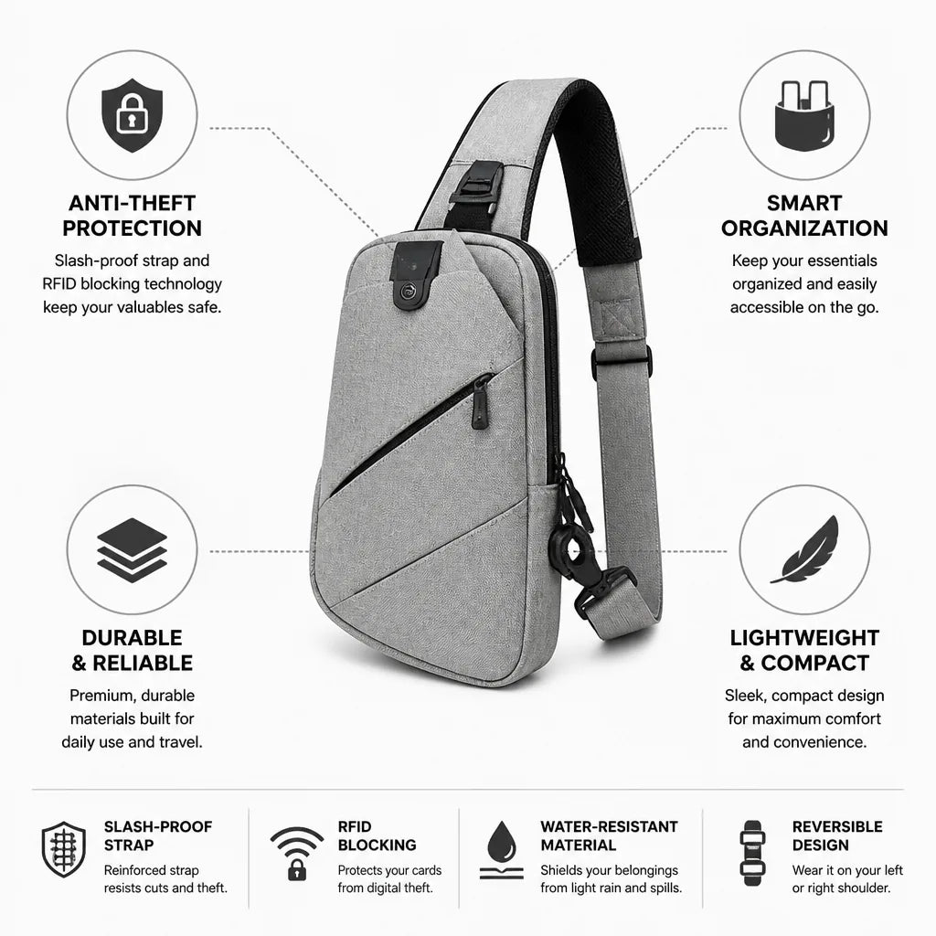 Bolso bandolera con correa antirrobo y bloqueo RFID