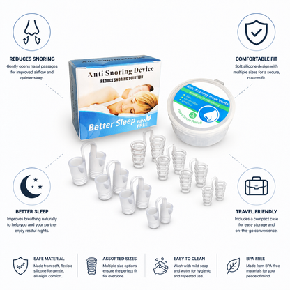 Snore-Reducing Soft Silicone Nasal Dilator (Assorted Sizes & Travel Case)