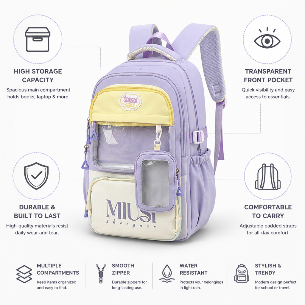 Mochila escolar transparente con bolsillo frontal (correas acolchadas)