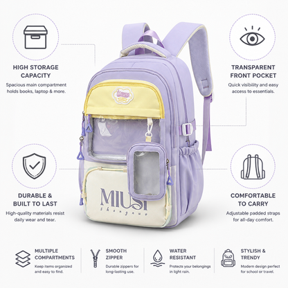 Mochila escolar transparente con bolsillo frontal (correas acolchadas)