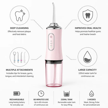 Water Flosser Cordless Rechargeable 220ml Tank Multi-Tip
