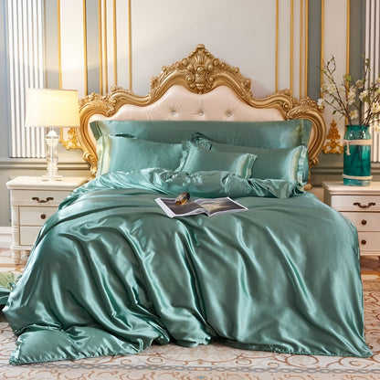 Silk Blend Sheet Set Purple 180 GSM Duvet Cover Fitted Sheet Pillowcases for Queen King Bed Luxury Breathable Bedding for Bedroom Guest Room
