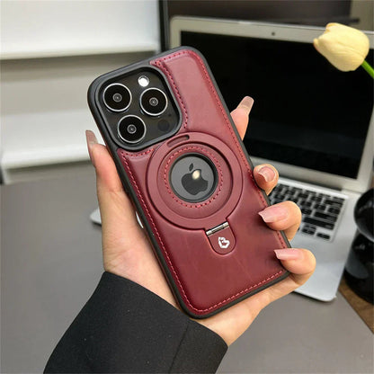 Leather Phone Cases with MagSafe, iPhone 16 Case with Fold Out Ring Stand, iPhone 15 Case, Magnetic iPhone Case with Rugged Protection