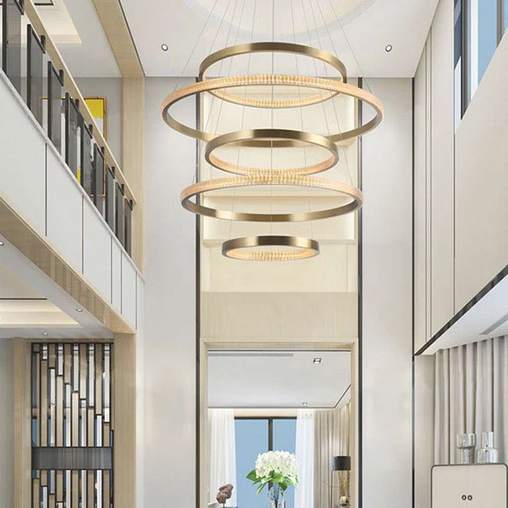 Multi-Ring LED Ceiling Fixture Gold 39 in Adjustable Height Dimmable Remote Control for Living Room Dining Room Entryway High Ceilings Conte