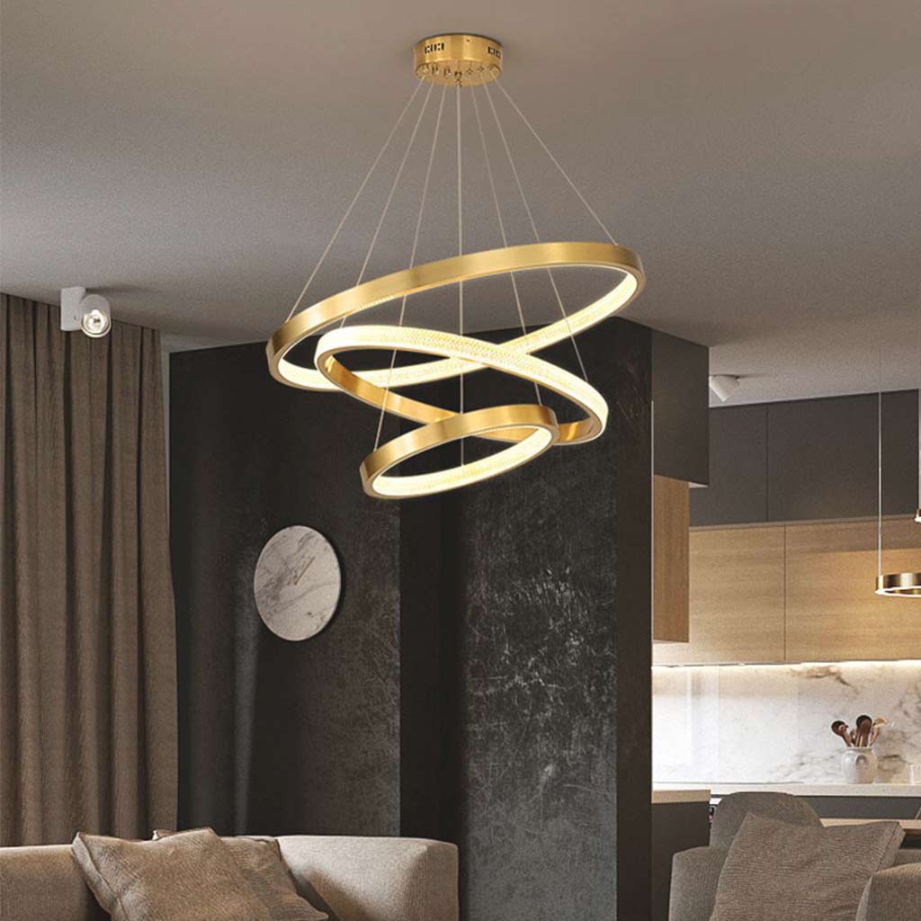 Multi-Ring LED Ceiling Fixture Gold 39 in Adjustable Height Dimmable Remote Control for Living Room Dining Room Entryway High Ceilings Conte