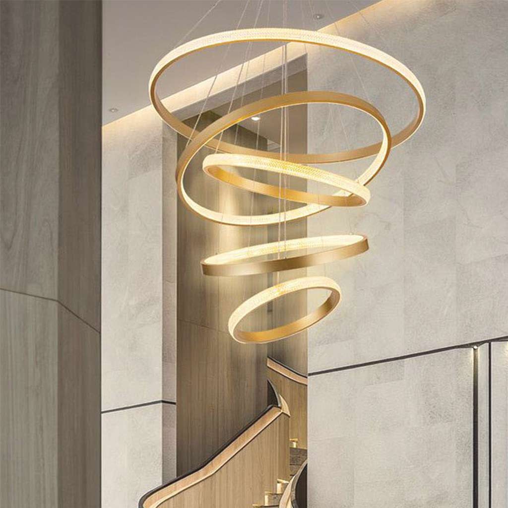Multi-Ring LED Ceiling Fixture Gold 39 in Adjustable Height Dimmable Remote Control for Living Room Dining Room Entryway High Ceilings Conte